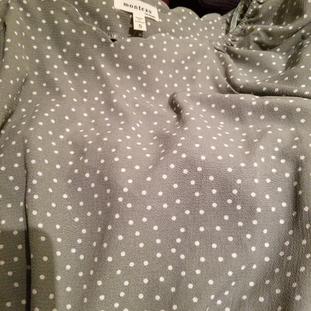 Sage green polka dot off the shoulder top